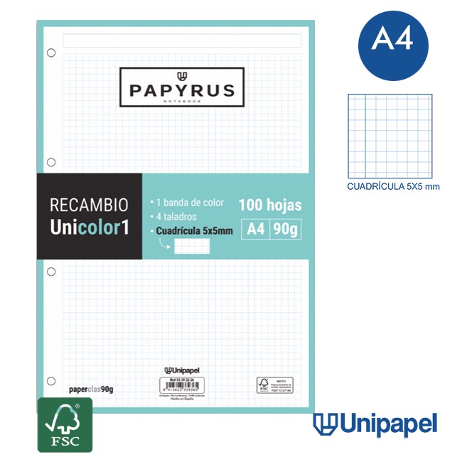 RECAMBIOS PAPYRUS-UNICOLOR1 -A4-100H-CUADRÍCULA 5MM-90G-1 BANDA DE COLOR-MINT