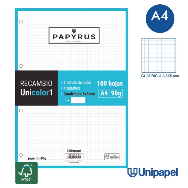 RECAMBIOS PAPYRUS-UNICOLOR1 -A4-100H-CUADRÍCULA 5MM-90G-1 BANDA DE COLOR-TURQUESA