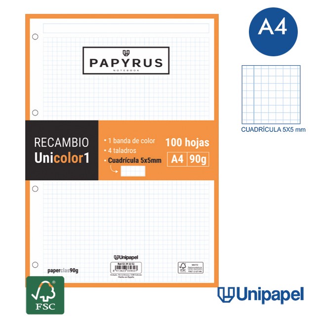RECAMBIOS PAPYRUS-UNICOLOR1 -A4-100H-CUADRÍCULA 5MM-90G-1 BANDA DE COLOR-NARANJA