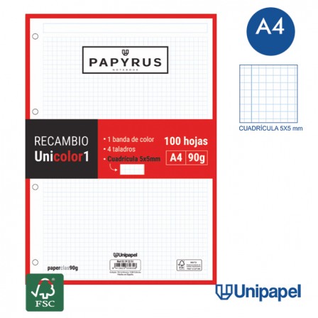 RECAMBIOS PAPYRUS-UNICOLOR1 -A4-100H-CUADRÍCULA 5MM-90G-1 BANDA DE COLOR-COLORES SURTIDOS