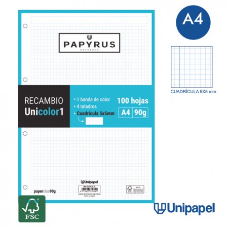 RECAMBIOS PAPYRUS-UNICOLOR1 -A4-100H-CUADRÍCULA 5MM-90G-1 BANDA DE COLOR-COLORES SURTIDOS