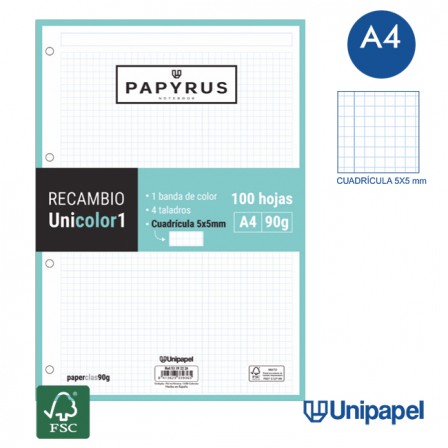 RECAMBIOS PAPYRUS-UNICOLOR1 -A4-100H-CUADRÍCULA 5MM-90G-1 BANDA DE COLOR-COLORES SURTIDOS