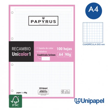 RECAMBIOS PAPYRUS-UNICOLOR1 -A4-100H-CUADRÍCULA 5MM-90G-1 BANDA DE COLOR-COLORES SURTIDOS