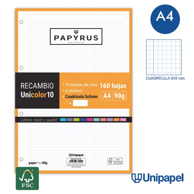 RECAMBIOS PAPYRUS-UNICOLOR10 -A4-160H-CUADRÍCULA 5MM-90G-SIN MARGEN