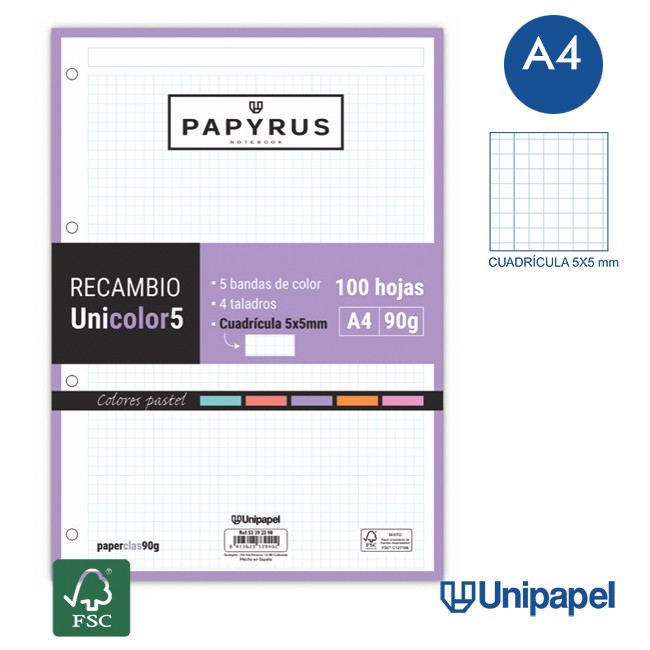 RECAMBIOS PAPYRUS-UNICOLOR5 -A4-100H-CUADRÍCULA 5MM-90G-SIN MARGEN-COLORES PASTEL RECAMBIOS PAPYRUS-UNICOLOR5 -A4-100H-CUADRÍCULA 5MM-90G-SIN MARGEN-COLORES PASTEL