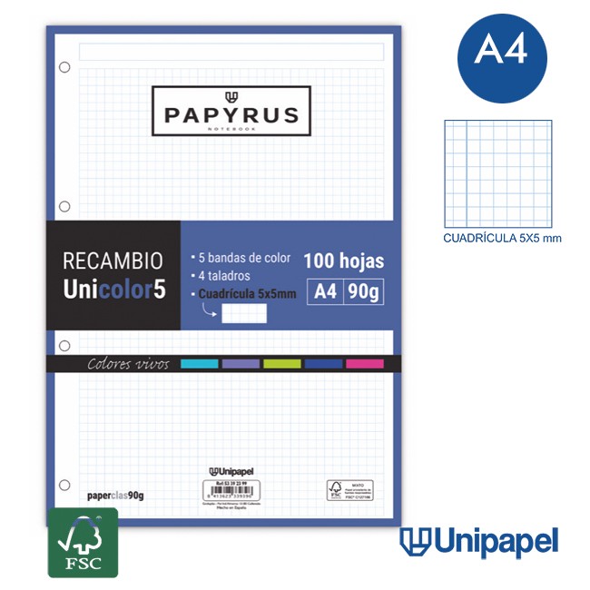 RECAMBIOS PAPYRUS-UNICOLOR5 -A4-100H-CUADRÍCULA 5MM-90G-SIN MARGEN-COLORES VIVOS