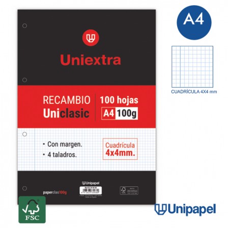 RECAMBIOS UNIEXTRA-UNICLASIC -A4-100H-CUADRÍCULA 4MM-100G-CON MARGEN