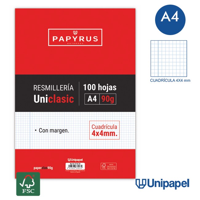RESMILLERÍA PAPYRUS-UNICLASIC -A4-100H-CUADRUCILA 4MM-90G-CON MARGEN