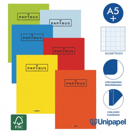 LIBRETAS GRAPA TAPA GOFRADA UNIPAPYRUS13 - A5+ - 48H - MILIMETRADO - 90G - COLORES SURTIDOS